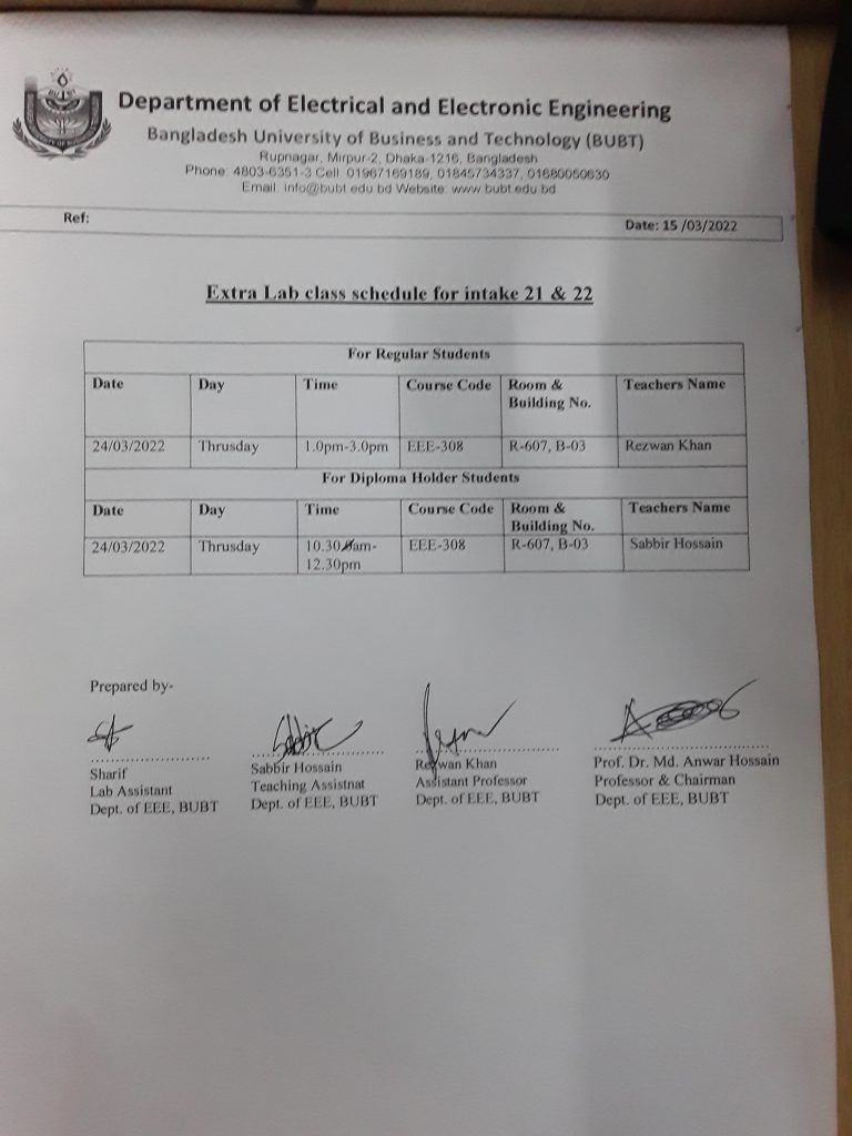 Extra Lab class schedule for intake 21&22