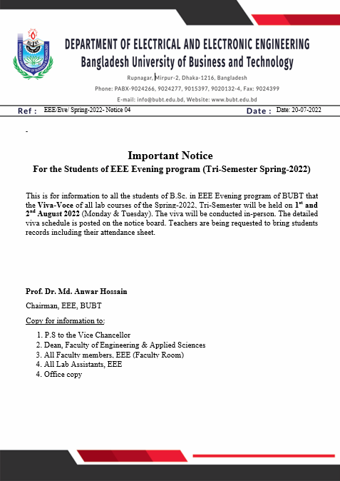 Important Notice For the Students of EEE Evening program (Tri-Semester Spring-2022)
